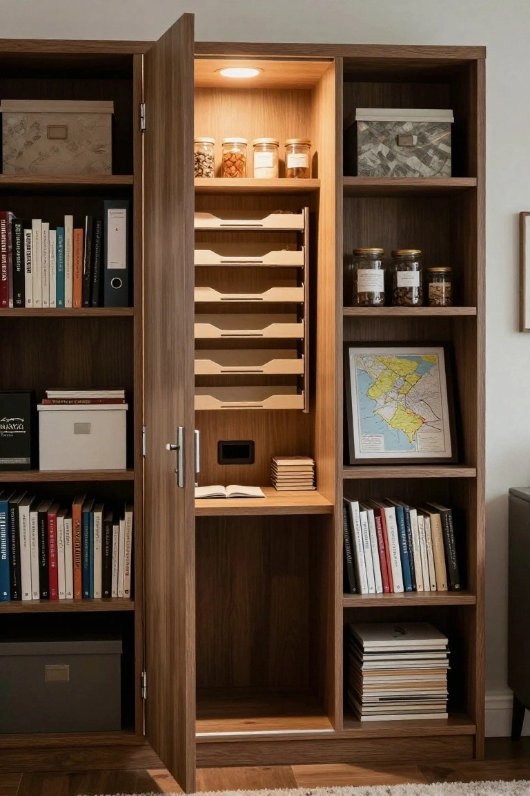 Tall wooden bookcase with right door open to reveal internal wooden file trays, power outlet, small desk shelf, jars, and books on surrounding shelves.