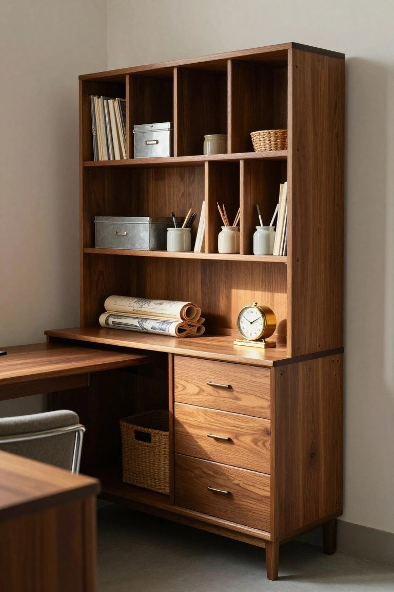 Tall wooden bookshelf desk unit with open shelves holding books, boxes, and jars above a desk surface with rolled papers and clock, drawers below, and a gray chair nearby.