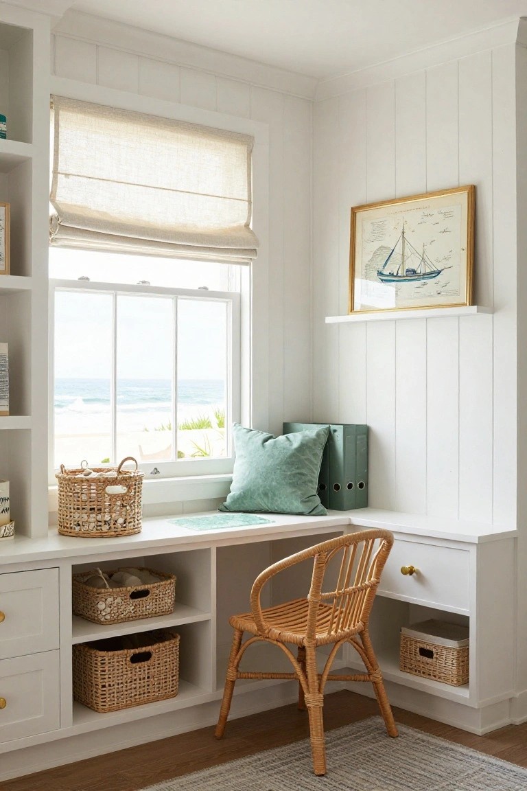White built-in L-shaped corner desk with drawers and open shelves holding wicker baskets, rattan chair, teal pillow on windowsill, and ocean view through triple window in paneled room.