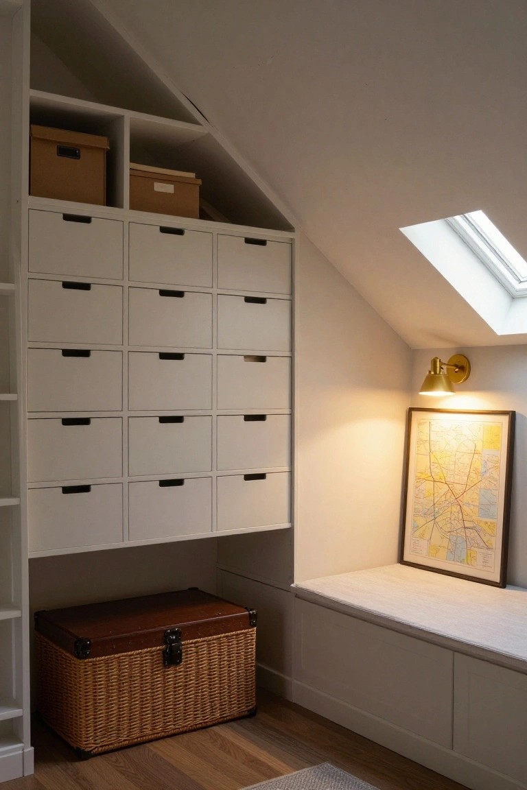 White built-in cabinetry with a grid of drawers under a sloped ceiling in an attic room, next to a skylight, brass wall lamp, framed map, cushioned bench, wooden floor, and wicker basket.