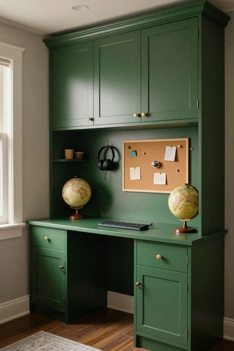 Green wooden desk with built-in upper hutch, cabinets, open shelves holding globes and baskets, corkboard, headphones, and drawers, in a room with window, hardwood floor, and rug.