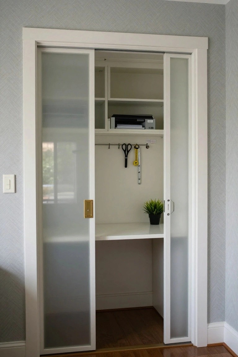 Open frosted glass sliding doors on a white closet frame revealing internal white shelves with printer and papers, desk with potted plant, hanging scissors and measuring tape, against gray patterned wall with light switch.