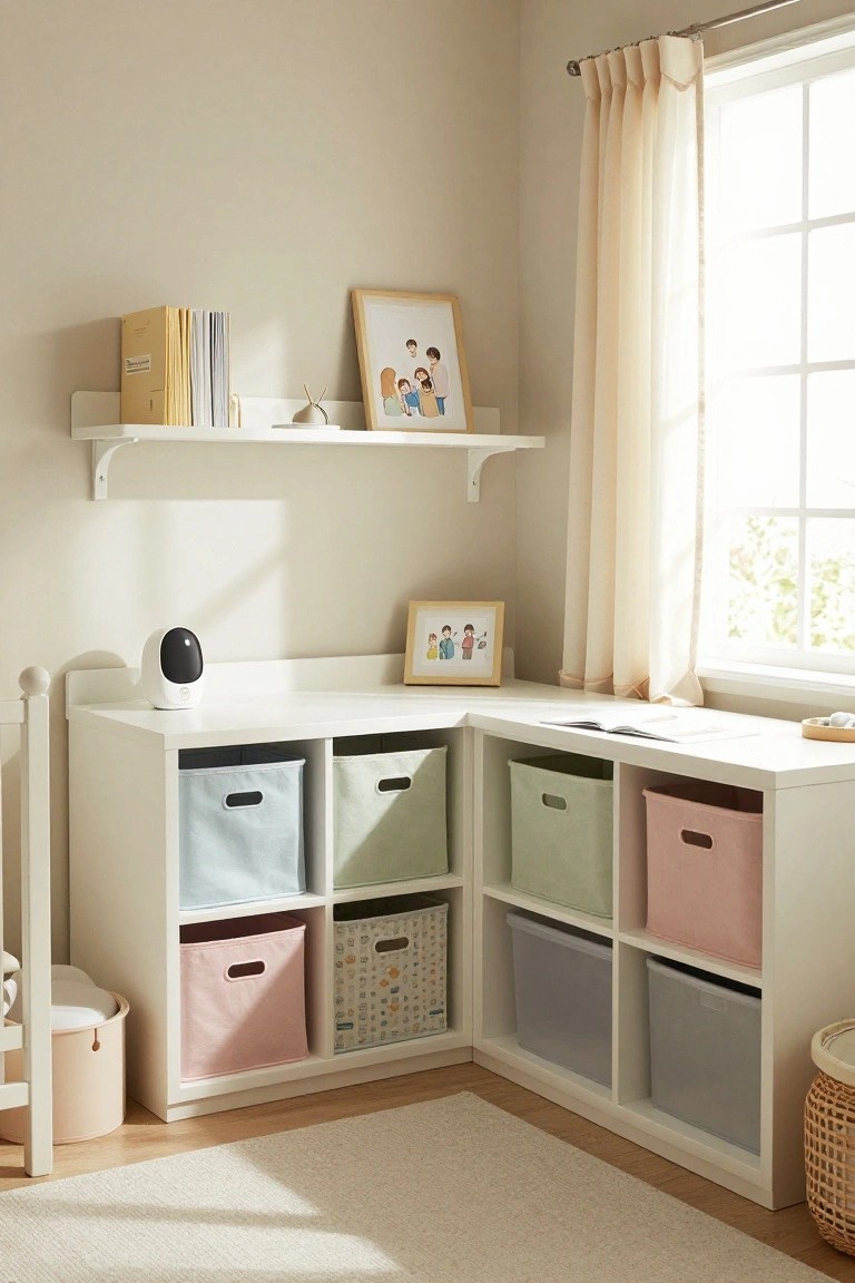 Corner of a light beige children's room with a white L-shaped desk, adjacent white cube shelving unit filled with colorful fabric bins, a white baby monitor on the desk, framed family photos and books on floating shelves, sheer curtains at a window, and a potted plant nearby.
