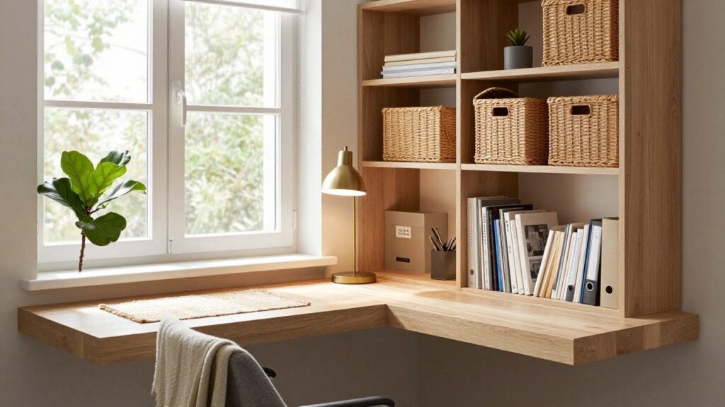 25 Office Storage Ideas That Keep Clutter Away A home office nook with a wooden desk, gray office chair draped with a throw, gold desk lamp, potted ficus plant, and tall wooden bookshelves filled with woven baskets, white boxes, books, files, and magazines next to a large window with blinds.