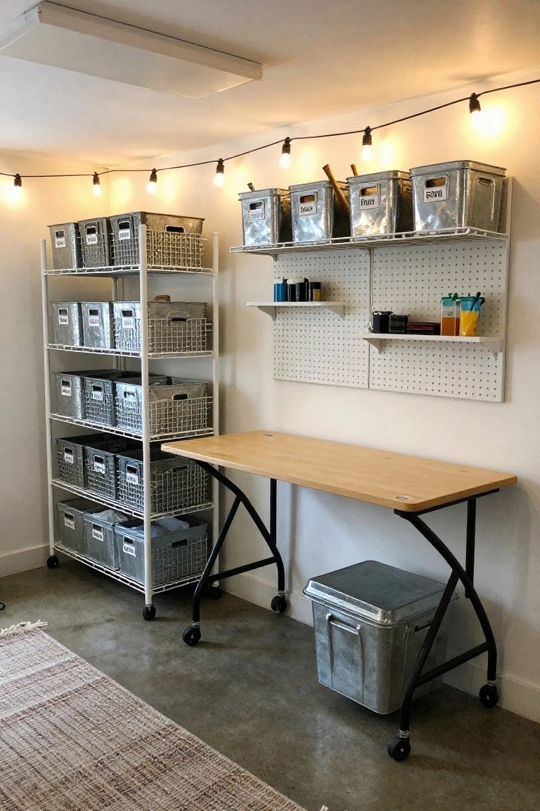 A home office in a basement with tall white open shelving units filled with labeled galvanized metal bins and wire baskets, a wooden desk on black legs with casters, pegboard walls with hooks and jars, and string lights overhead.