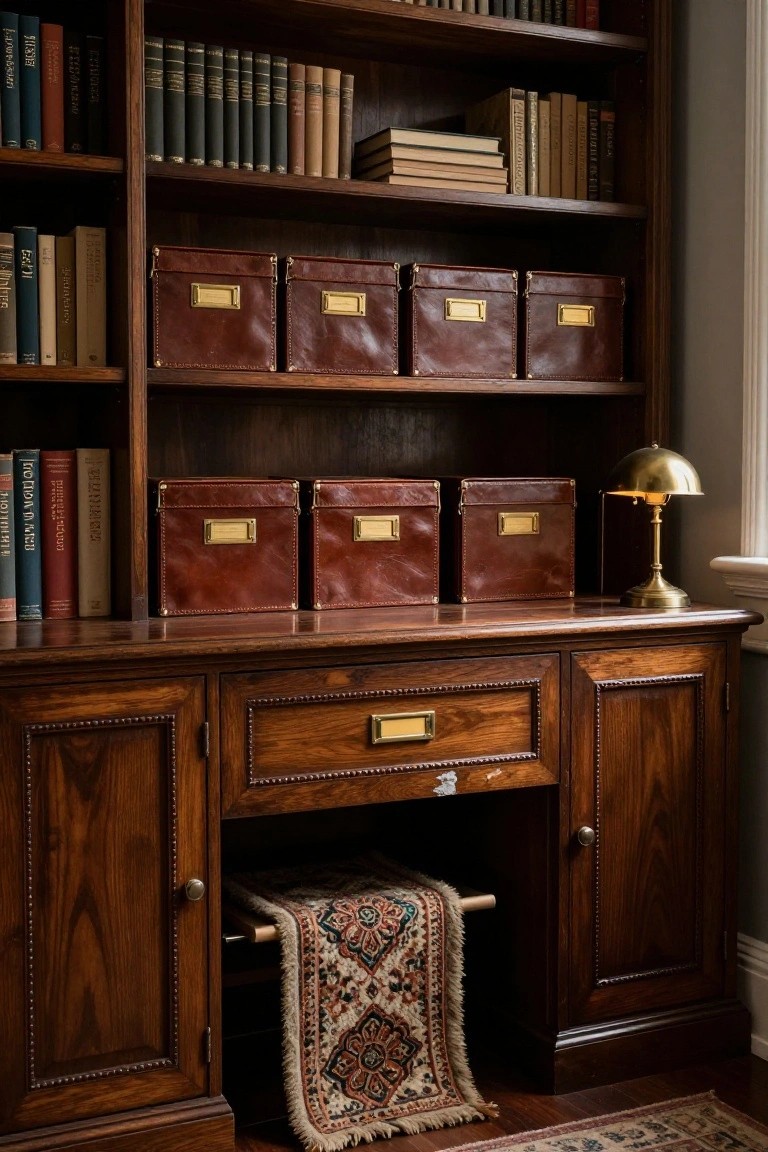 Wooden bookcase with leather storage boxes, books, and labels on shelves above a wooden desk with brass lamp, hanging rug, and floor rug.