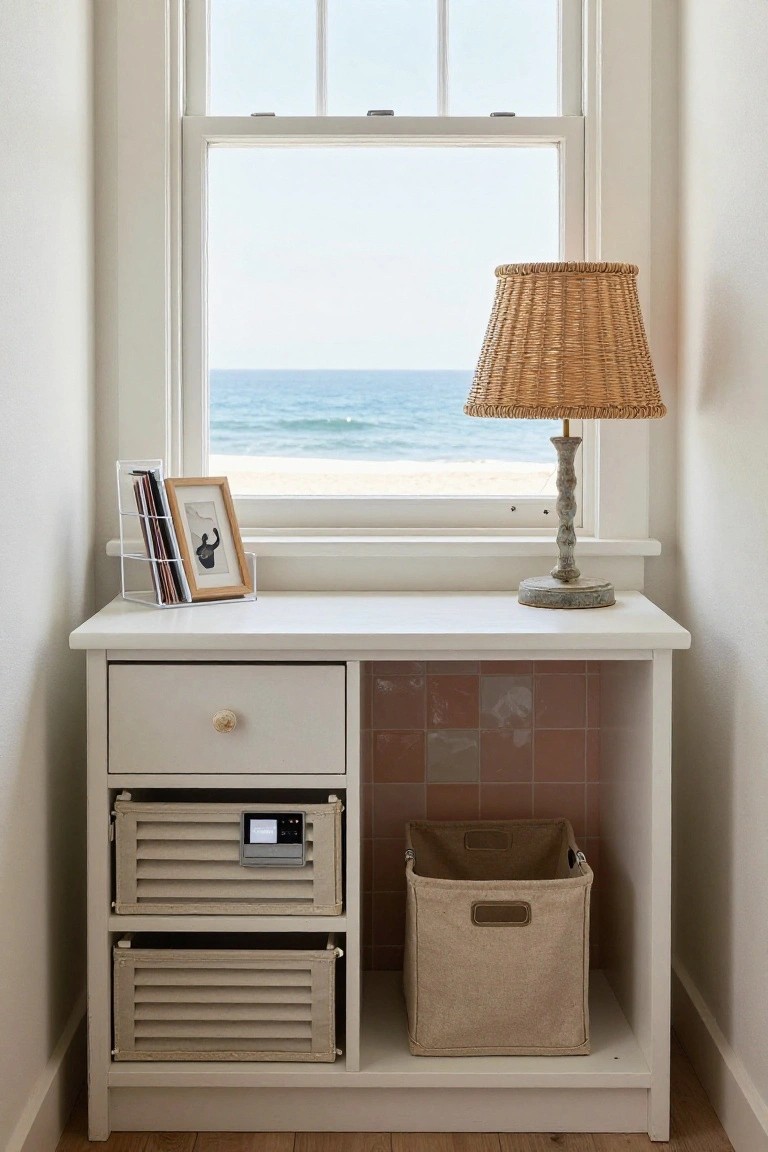 White wooden desk unit beside a large window with ocean view, topped with a wicker lamp and framed artwork, featuring a top drawer, two louvered lower drawers with a digital device in one, and a fabric basket in the open shelf below.