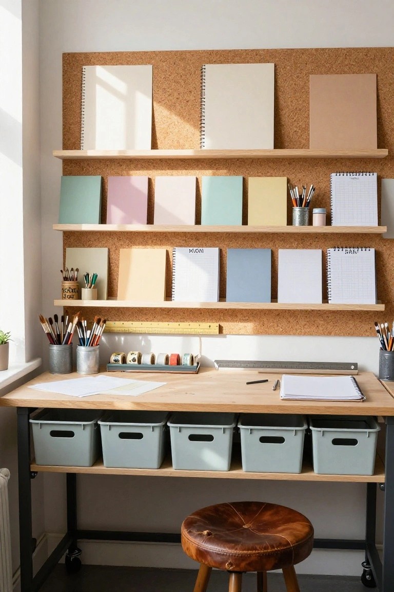 Wooden floating shelves above a desk hold colorful notebooks, jars of brushes and pens, graph paper pads, and supplies, with bins stored below and a corkboard on the wall.