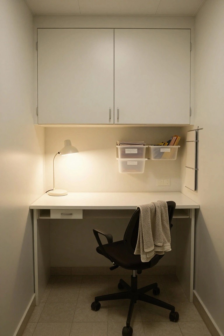 Compact white desk setup in a narrow office alcove with black swivel chair draped in a beige towel, white PH-style lamp, overhead white cabinets, wall-mounted clear plastic bins with labels, and metal file racks.