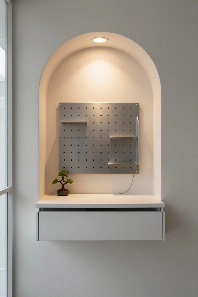 Arched wall niche with gray pegboard panel, attached metal shelves and hooks, small bonsai tree on white floating shelf with drawer below, recessed ceiling light.