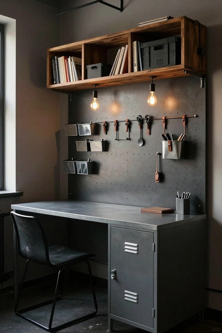 A home office corner with a gray metal desk and cabinet, wooden wall shelves above, pendant lights, and a pegboard wall holding bins, hooks, tools, and utensils.