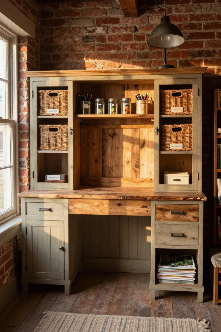 Rustic wooden desk with open hutch featuring wicker baskets, glass jars of supplies, pens, and drawers in a brick-walled room with a window and pendant light.