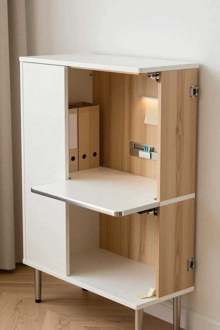 A tall narrow white cabinet with light wood accents and open doors showing internal shelves for files and supplies, a metal pull-out desk shelf, a small LED light, and pen holder, standing on slim metal legs in a room with white walls and wood floor.