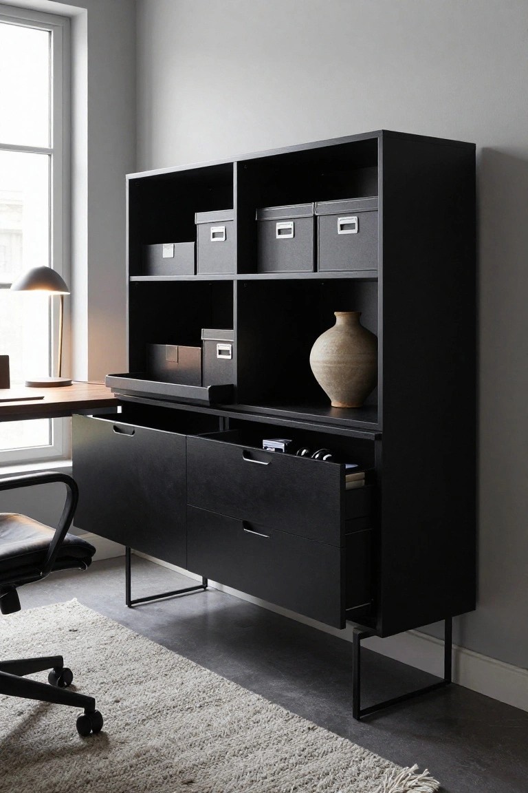 Tall black open shelving unit with gray storage boxes, terracotta vase on upper shelves, open lower drawers containing files and binders, positioned beside a wooden desk with lamp and black office chair in a modern room with large window and gray rug.
