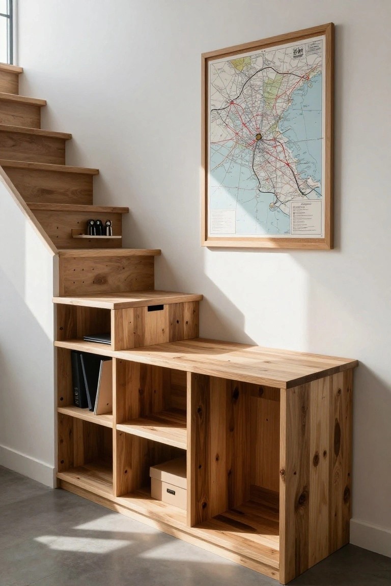 Wooden staircase with built-in under-stair bench, open shelves holding books, a laptop, and boxes, next to a white wall with a framed map.