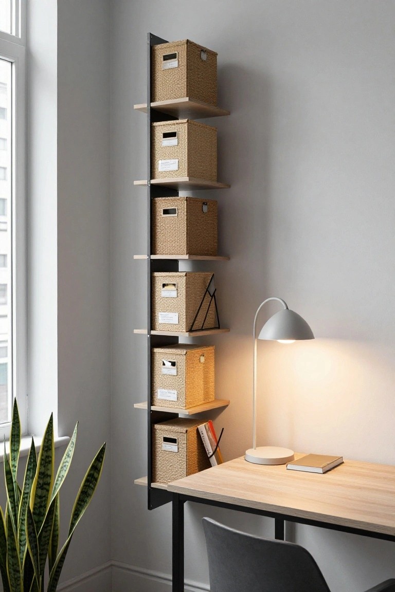 Tall black metal shelving unit with oak shelves and multiple beige woven storage baskets next to a light wood desk, gray desk lamp, open book, potted snake plant, and window in a white-walled room.