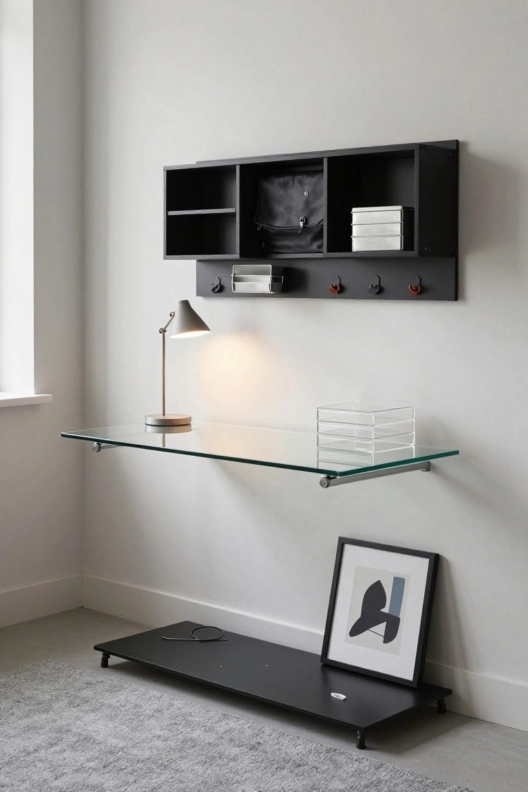 Minimalist home office corner with black wall-mounted shelving unit featuring cubbies, bag, trays, and hooks above a floating glass desk with lamp and clear organizer on white wall.