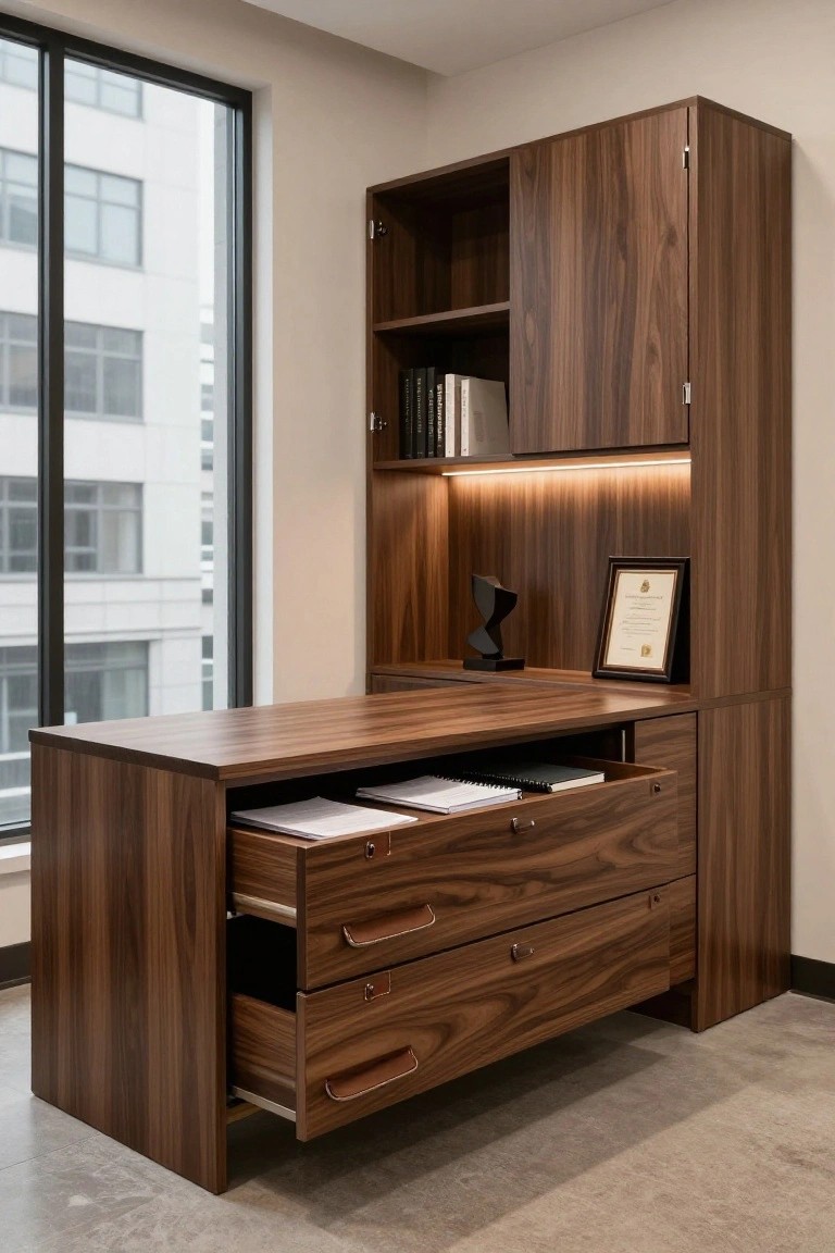 Tall freestanding walnut wood office storage unit with integrated desk top, open shelves holding books and decor, partially open drawers with papers, lit upper shelf, and large window beside it.