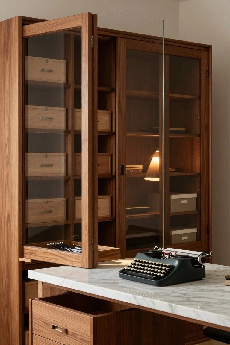 Wooden cabinet with glass doors, typewriter on marble desk, open drawer.