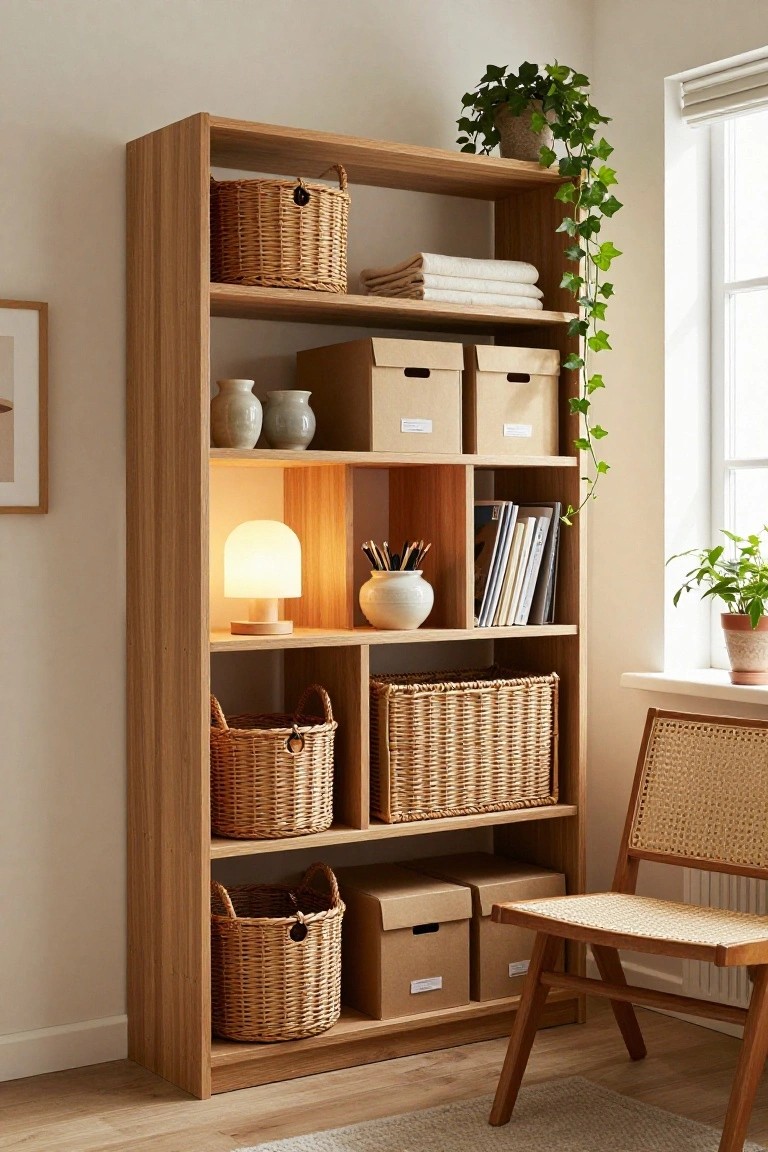 Tall open wooden bookshelf with woven baskets, cardboard boxes, ceramic vases, books, a lamp, and plants in a light room next to a window and rattan chair.