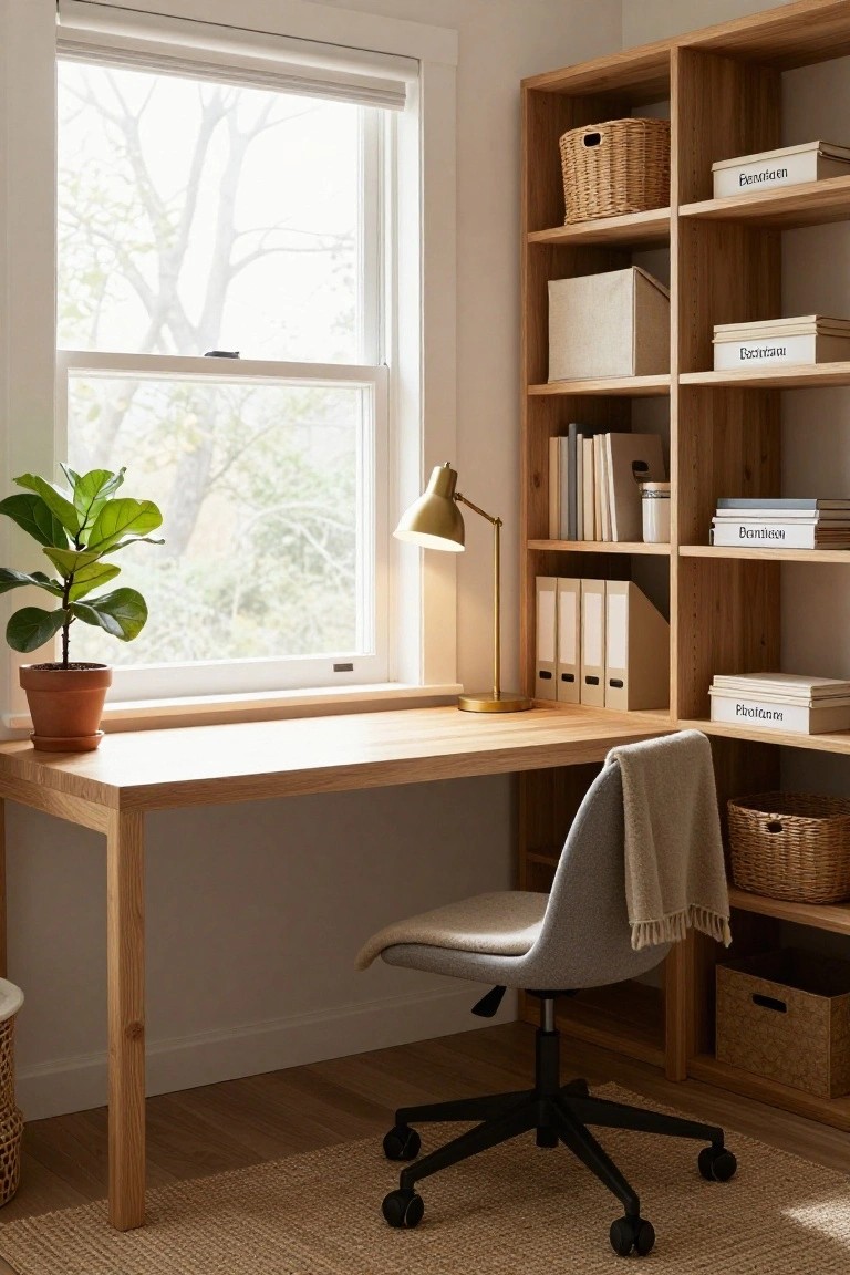 A home office nook with a wooden desk, gray office chair draped with a throw, gold desk lamp, potted ficus plant, and tall wooden bookshelves filled with woven baskets, white boxes, books, files, and magazines next to a large window with blinds.