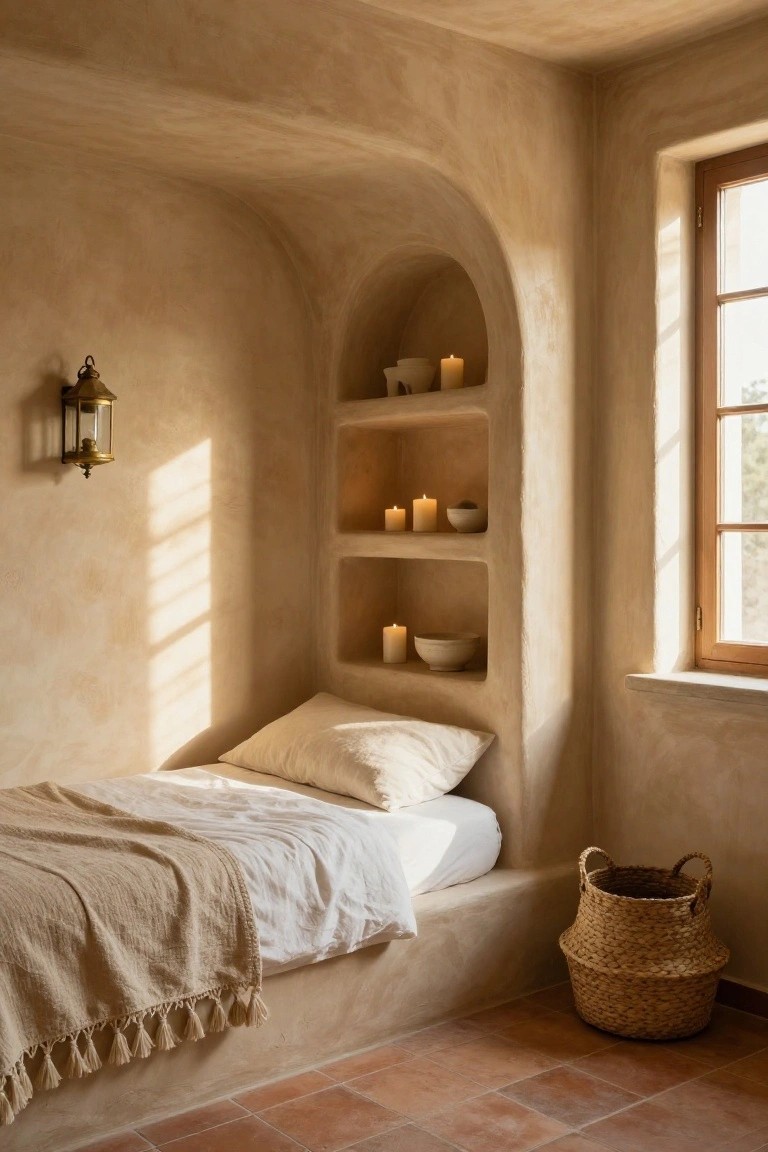 A small bedroom featuring a built-in low platform bed in a beige arched alcove with niches holding white candles and ceramic bowls, a brass lantern on the wall, a woven basket on terracotta tile floor, and sunlight streaming through a wooden window.