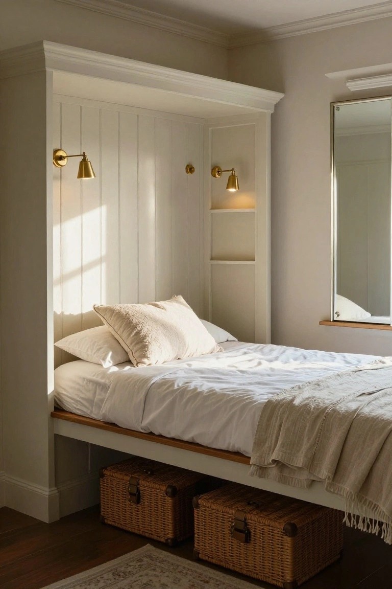 A small bedroom corner with a white paneled built-in bed alcove, gold wall sconces, white bedding and pillows, wicker storage baskets under the platform bed, and a mirror on the adjacent wall.