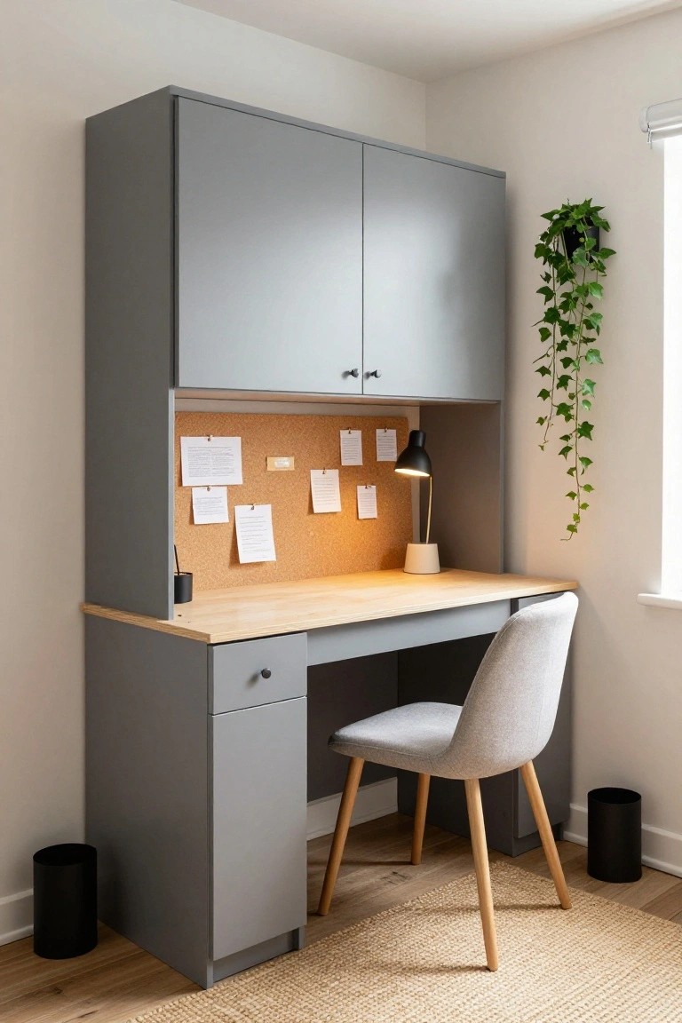 Modern gray home office desk with corkboard, lamp, and chair.
