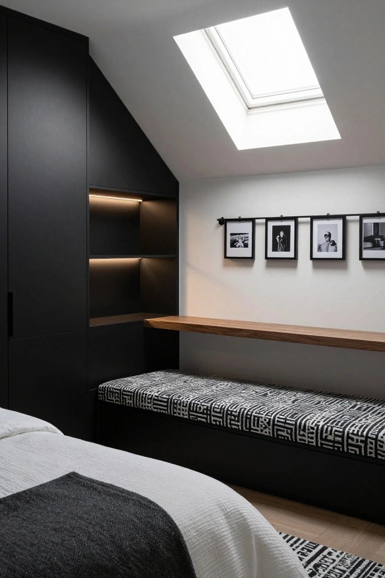 A small bedroom with tall matte black built-in wardrobes along a sloped ceiling, integrated open shelving with LED strips, a protruding wooden shelf and cushioned bench, black-and-white photos on a white wall, and a white bed with gray throw nearby under a skylight.