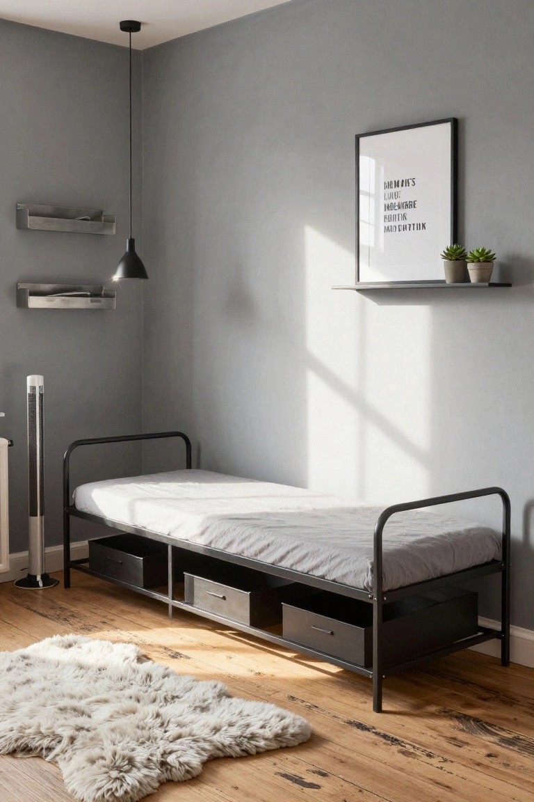 Compact black metal single bed frame with under-bed storage drawers against gray walls in a small bedroom, with floating shelves, pendant lights, potted plants, a floor fan, and white shag rug on wood floors.