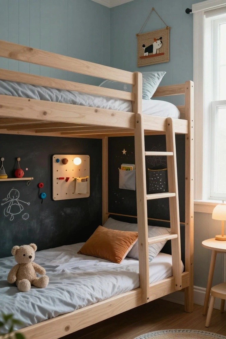 Wooden bunk bed in a light blue child's bedroom with black accent wall behind lower bunk showing chalk drawings, pegboard panel with knobs light shelves and book pocket, teddy bear on bed, shelves with toys.