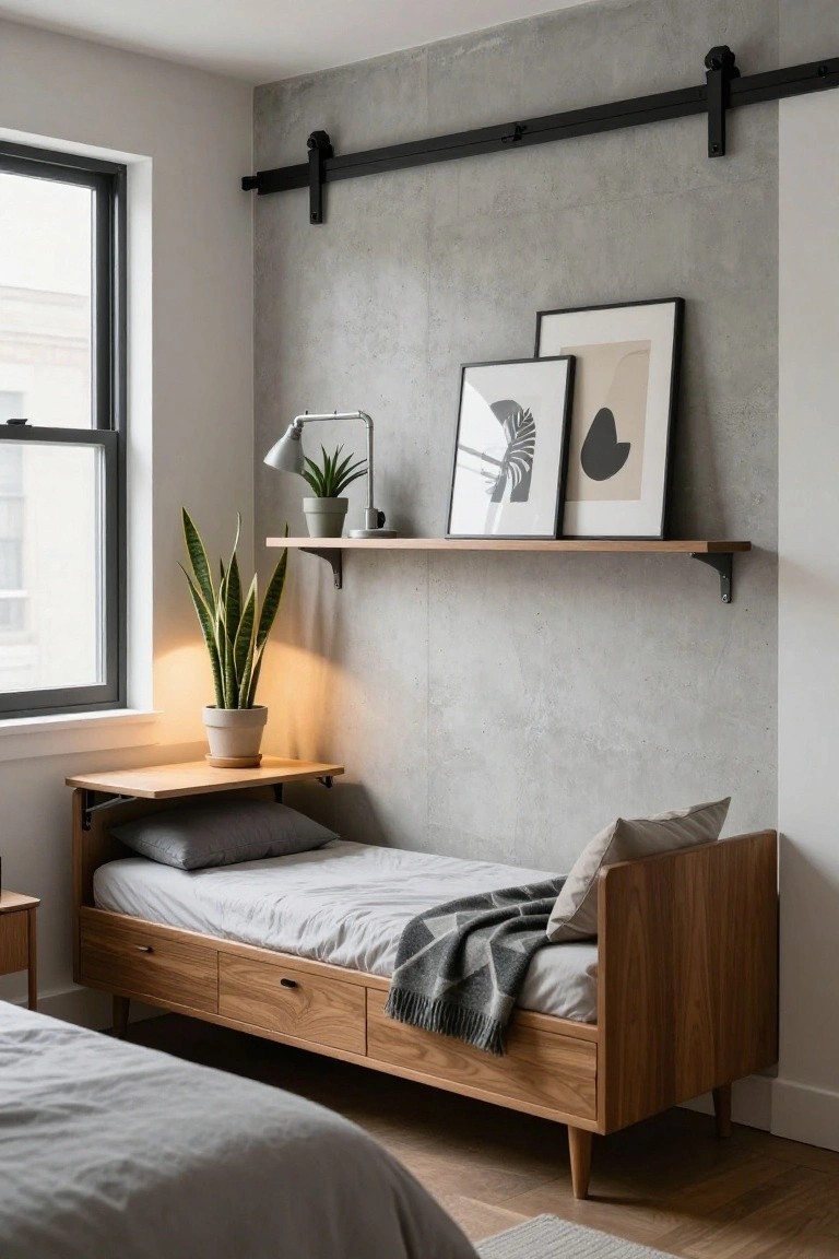 Corner of a bedroom with a low wooden daybed featuring storage drawers, a fold-out side table holding a potted snake plant and lamp, floating shelves with framed art on a concrete wall, and a large window.