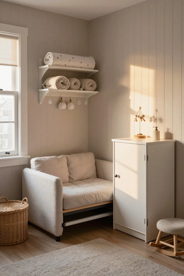 Corner of a light-colored room with beige walls, a compact beige sofa bed with pull-out frame, white cabinet beside it, wall shelf holding stacked beige linens and hanging glass orbs, wooden mobile and lotion bottle on cabinet top, wicker basket on floor, beige footstool, and rocking horse stool on light wood floor with beige rug.