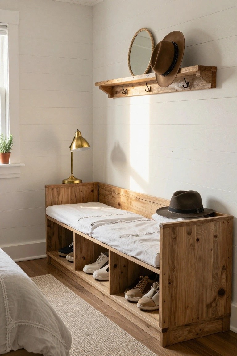 Wooden L-shaped bench in a light bedroom corner with open shoe storage cubbies below a cushioned seat, hats on a wall shelf above, and shoes inside the cubbies.