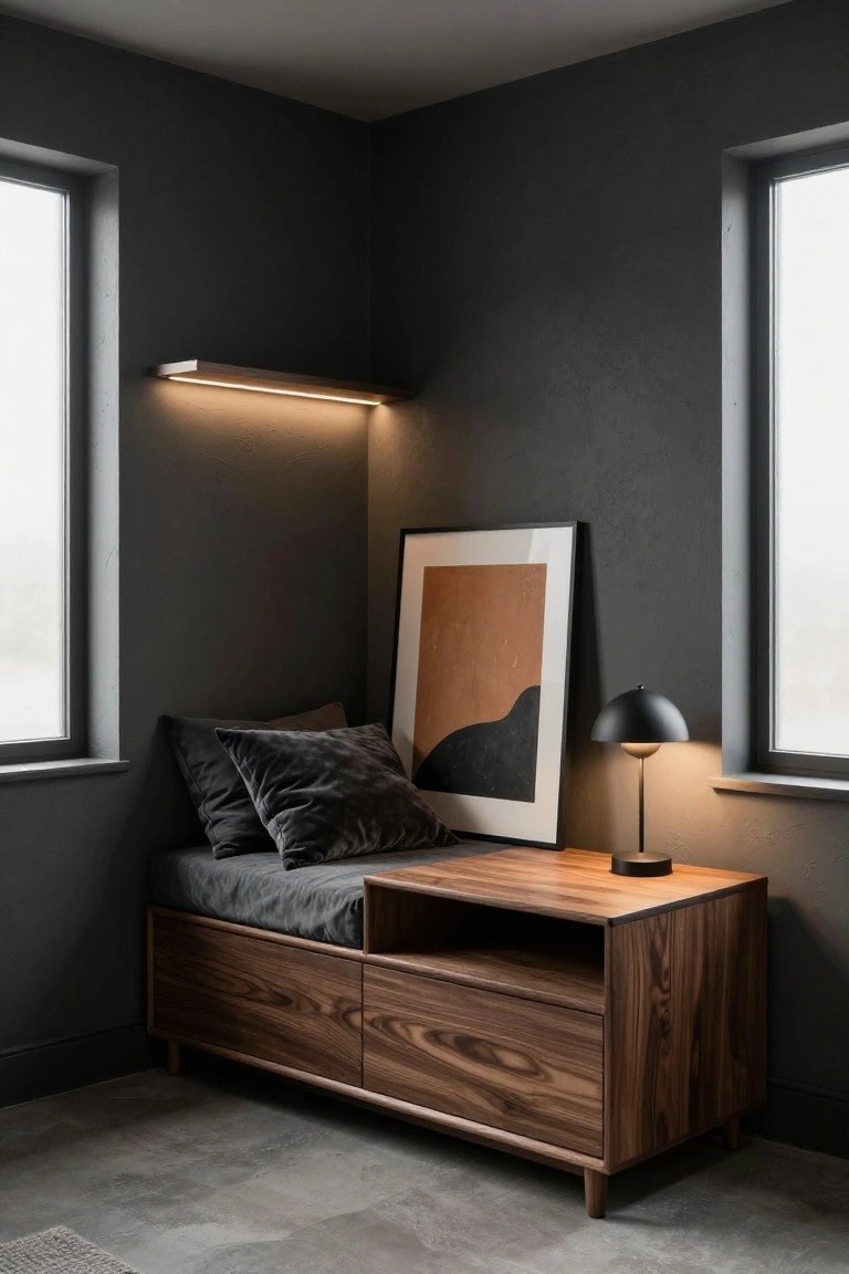 Corner of a dimly lit room with dark gray walls, featuring a low wooden daybed with gray cushions and pillows, adjacent wooden cabinet with drawers, black desk lamp, abstract orange artwork, wall shelf with light strip, and large windows.