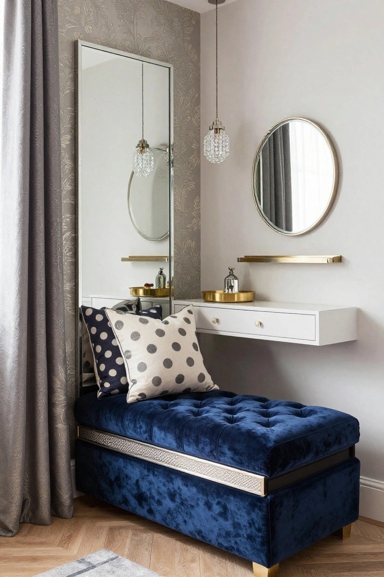 A bedroom corner with gray leaf-patterned wallpaper, tall rectangular mirror, pendant lights, round gold mirror, white floating vanity with drawers and pillows, gold trays and decanter, and navy blue velvet tufted storage bench on wood floor.