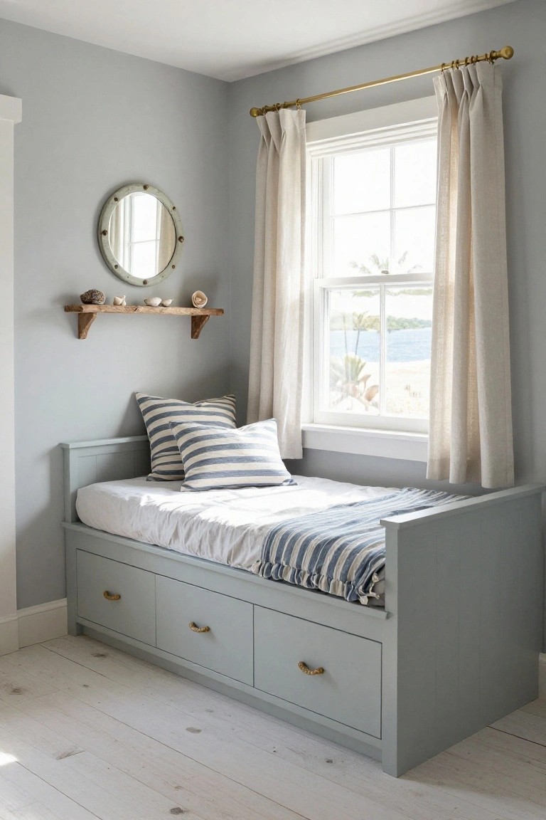 Gray wooden daybed with white mattress, striped bedding, and three underbed drawers on rope pulls, in a light blue bedroom with window, beige curtains, nautical mirror, and shell shelf.