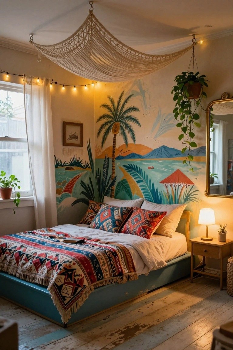Small bedroom with tropical mural on wall showing palm trees, ocean, mountains, and umbrella, bed with colorful patterned blankets and pillows under beige macrame canopy, plants, string lights, lamp on wooden nightstand, hardwood floor.