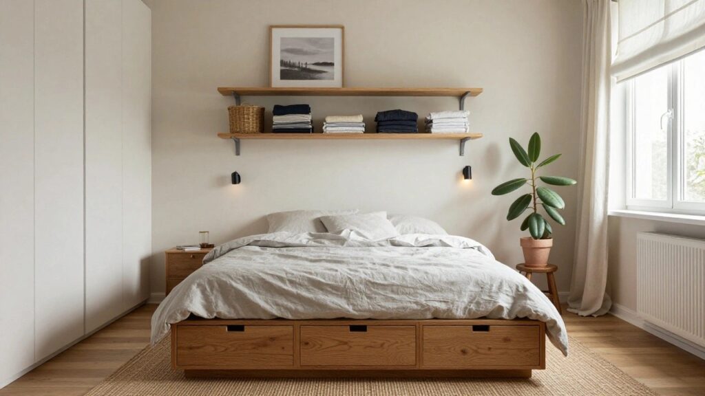 Small bedroom with low oak platform bed having under drawers, floating wooden shelves above holding folded linens clothes and baskets, tall white wardrobe closet, potted plant on tripod table by window with sheer shade.