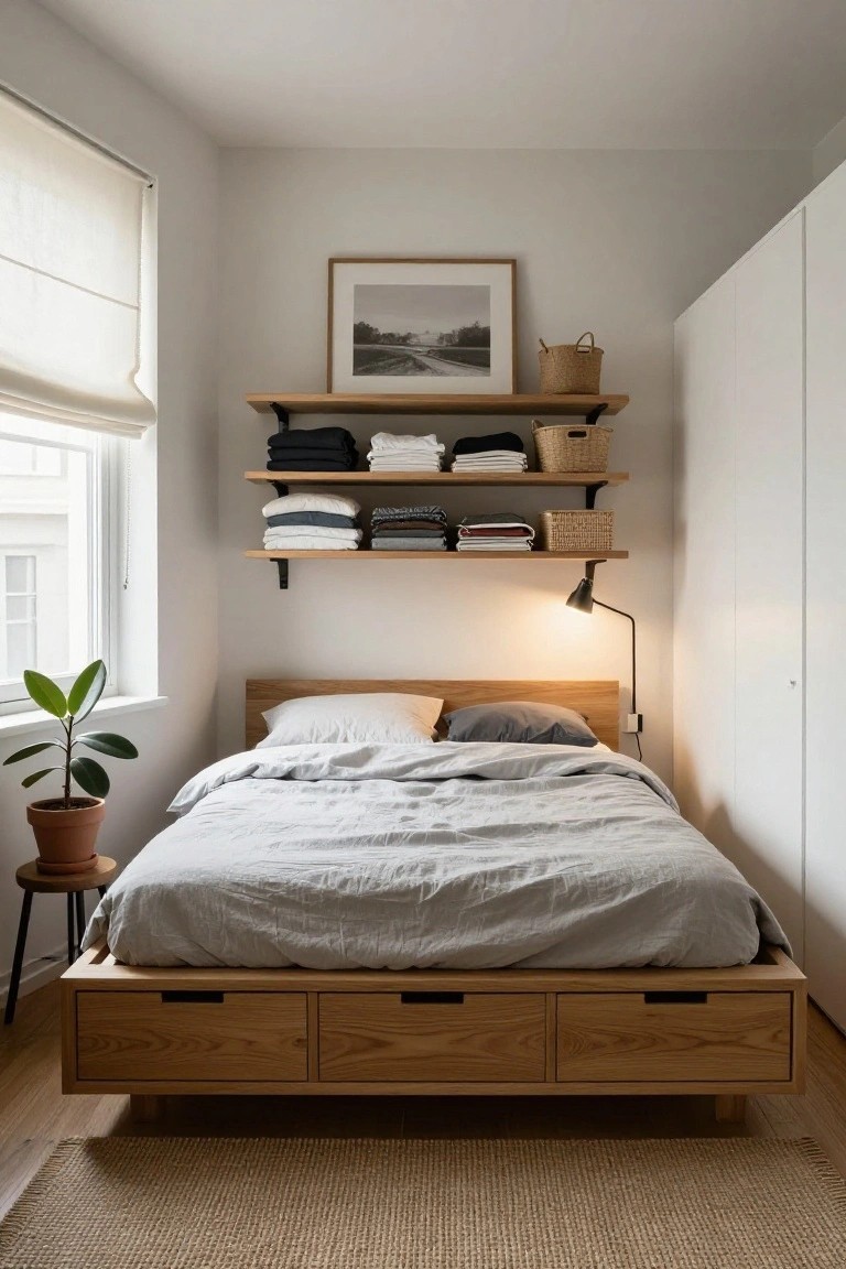 Small bedroom with low oak platform bed having under drawers, floating wooden shelves above holding folded linens clothes and baskets, tall white wardrobe closet, potted plant on tripod table by window with sheer shade.