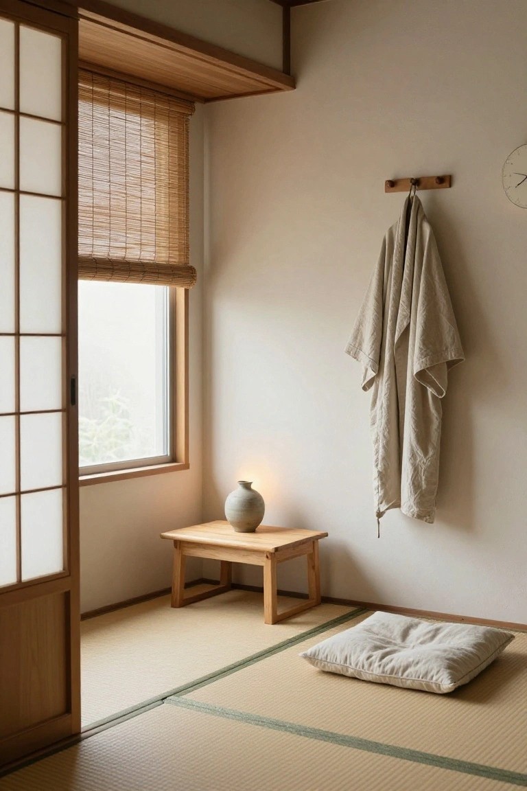 Minimalist Japanese-style interior room with tatami mat flooring, beige floor cushion, low wooden table holding a ceramic vase and lamp, hanging beige robe on wall hook, shoji sliding door, bamboo blinds over window, and wall clock.