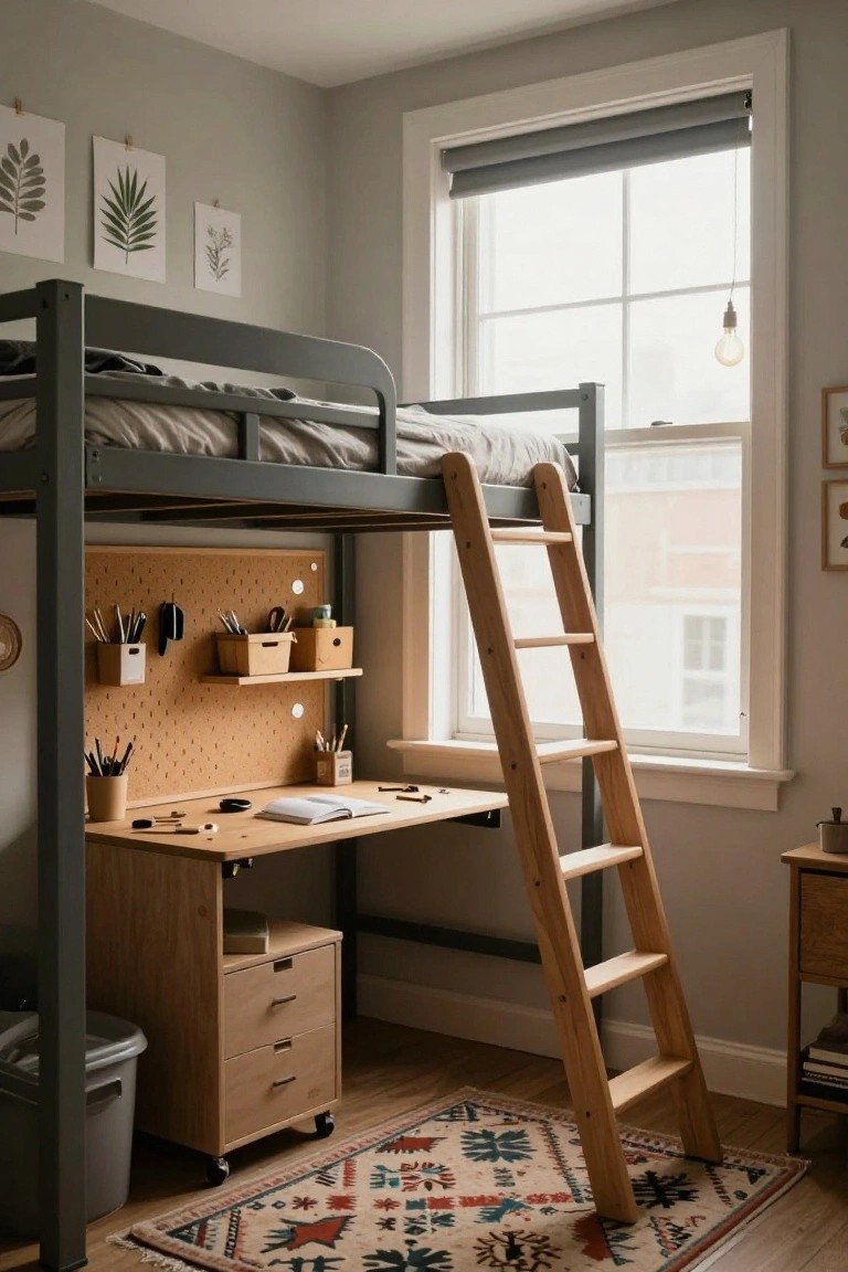 A small bedroom with a gray loft bed above a wooden desk, pegboard organizer on the side, wooden ladder, storage shelves, neutral wall art, and a window with gray roller shade.