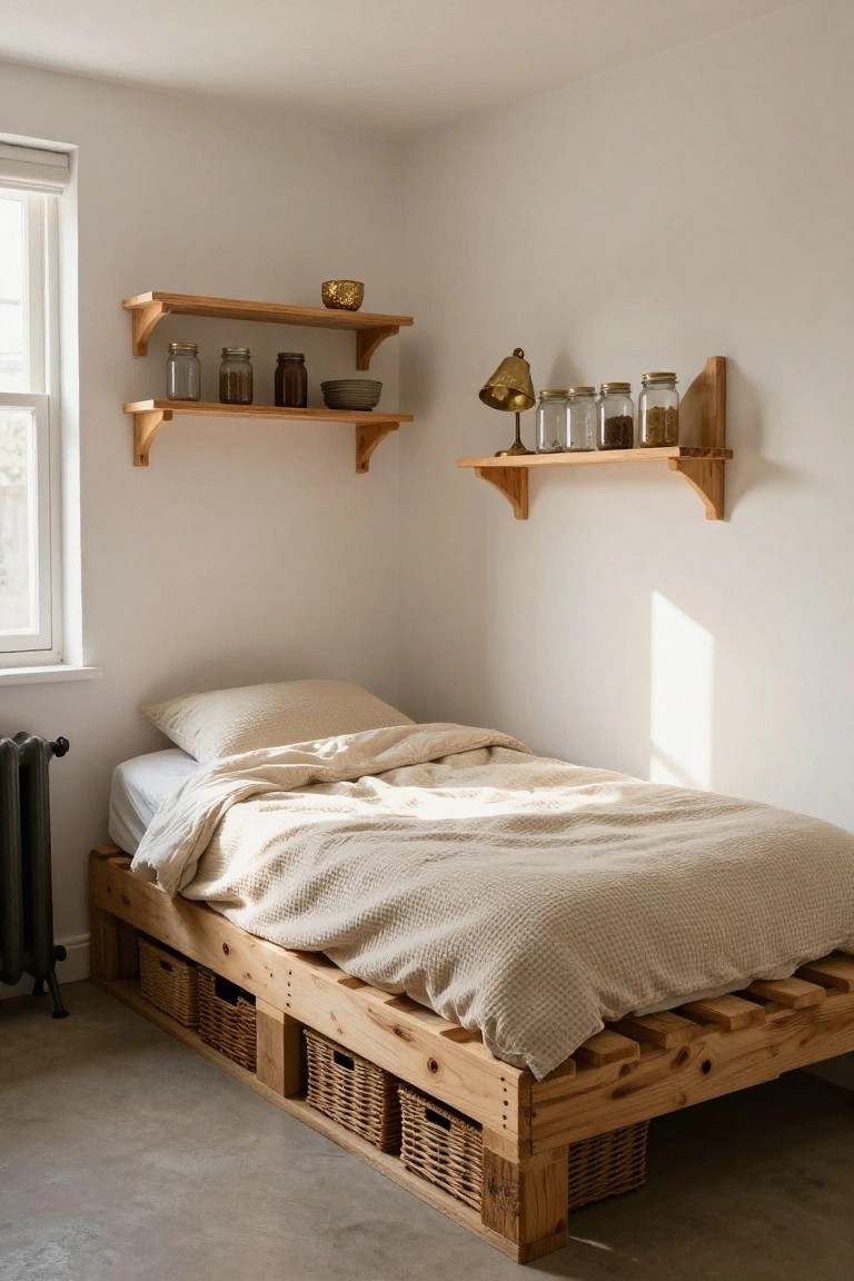 Corner of a small white bedroom with a low pallet bed frame holding beige linens and pillows, wicker baskets stored underneath, wooden floating shelves with jars and bowls on walls, a radiator, and a window with blinds.