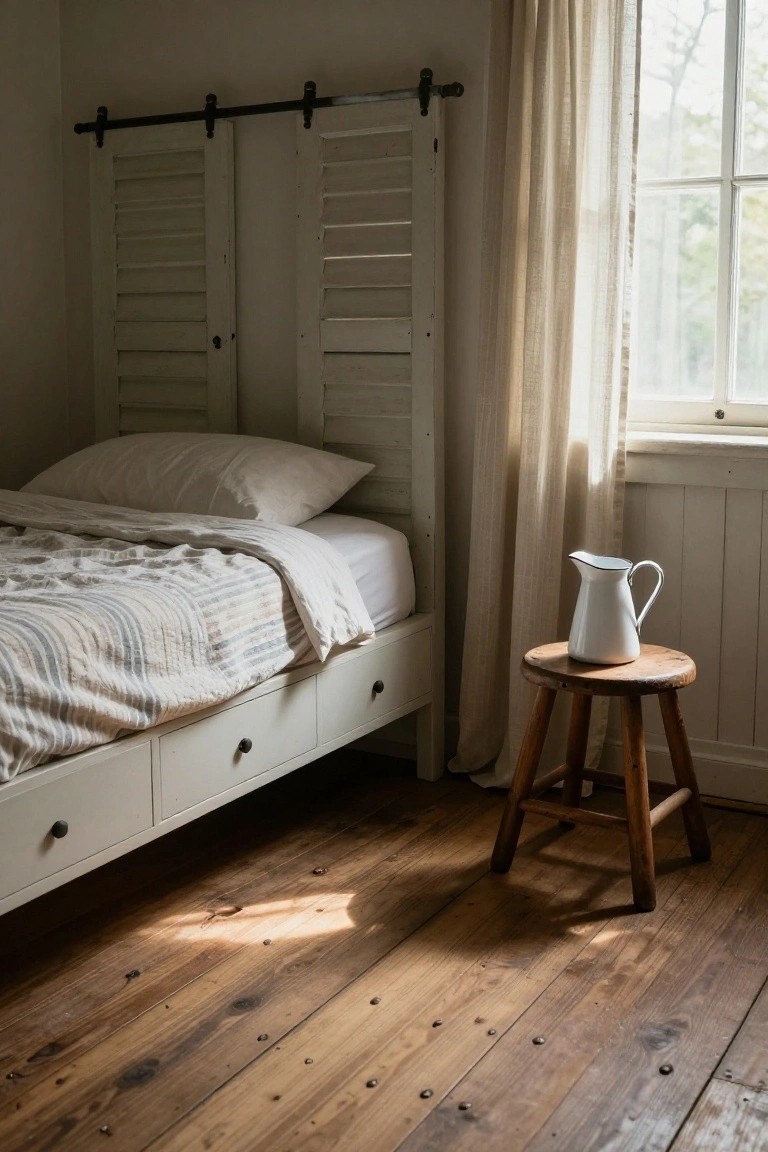 A small bedroom with a low white platform bed featuring drawers underneath, white louvered shutters as headboard, beige striped bedding, a white pitcher on a wooden stool, sheer curtains at the window, and wooden floors.
