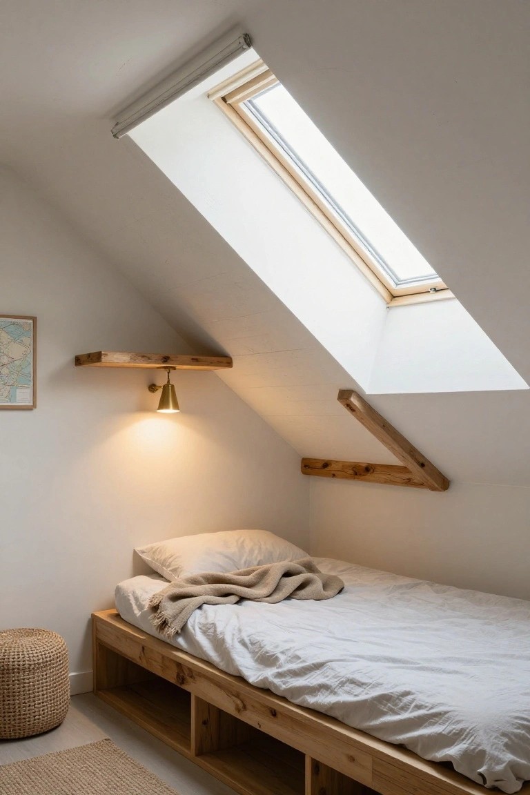 Small attic bedroom under sloped white ceiling with skylight, wooden platform bed having open underbed shelving, wall-mounted wooden shelf with brass lamp, and rattan stool on light wood floor.