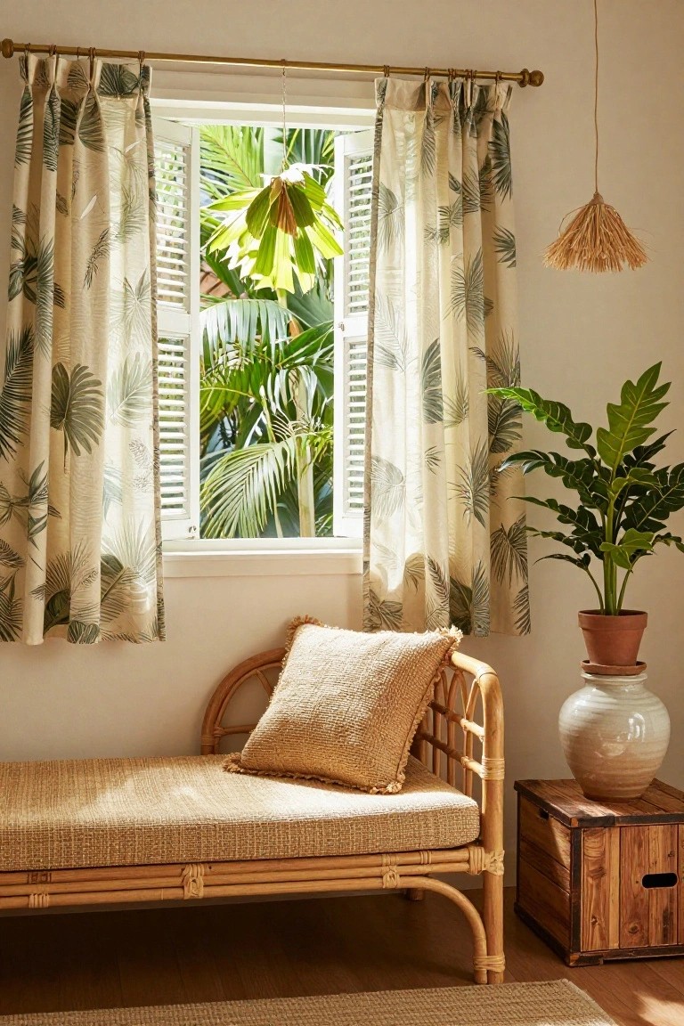 Indoor window nook with sheer beige curtains printed with green leaves and palms outside, rattan daybed topped with beige cushions, potted plants, rattan lamp, and wooden side table on light wood floor.