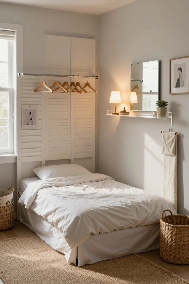 Small bedroom featuring a low bed with white bedding, white shutter panels with a mounted hanging rail holding wooden hangers, a wall mirror with shelf, potted plant, framed art, hanging bag, and two wicker baskets on a seagrass rug.