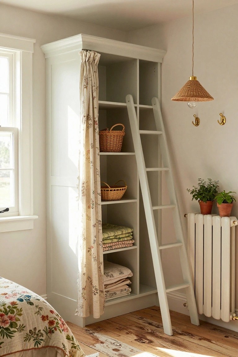 Tall white open shelving unit with sliding ladder in a bedroom corner, shelves holding wicker baskets and folded fabrics, next to a window, bed, plants, and radiator.