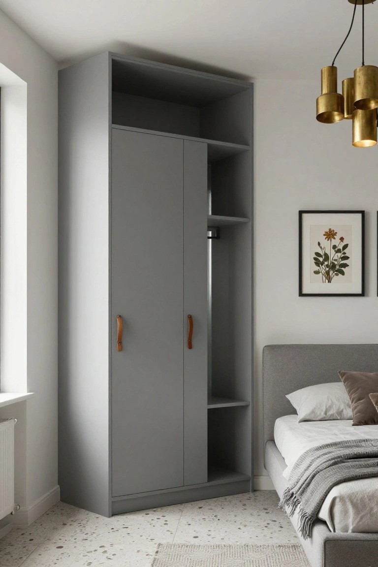 A tall gray wardrobe with double doors, leather handles, and open upper shelving stands in the corner of a small bedroom next to a low bed with gray bedding on a terrazzo floor.