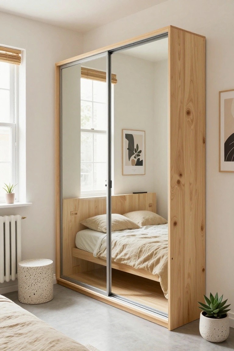 Small bedroom with tall wooden wardrobe featuring sliding mirrored doors next to a low wooden bed with beige linens, potted plants, white walls, bamboo blinds, and terrazzo stool.